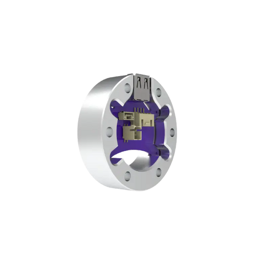 Mechanical component with purple and gold elements on a white background