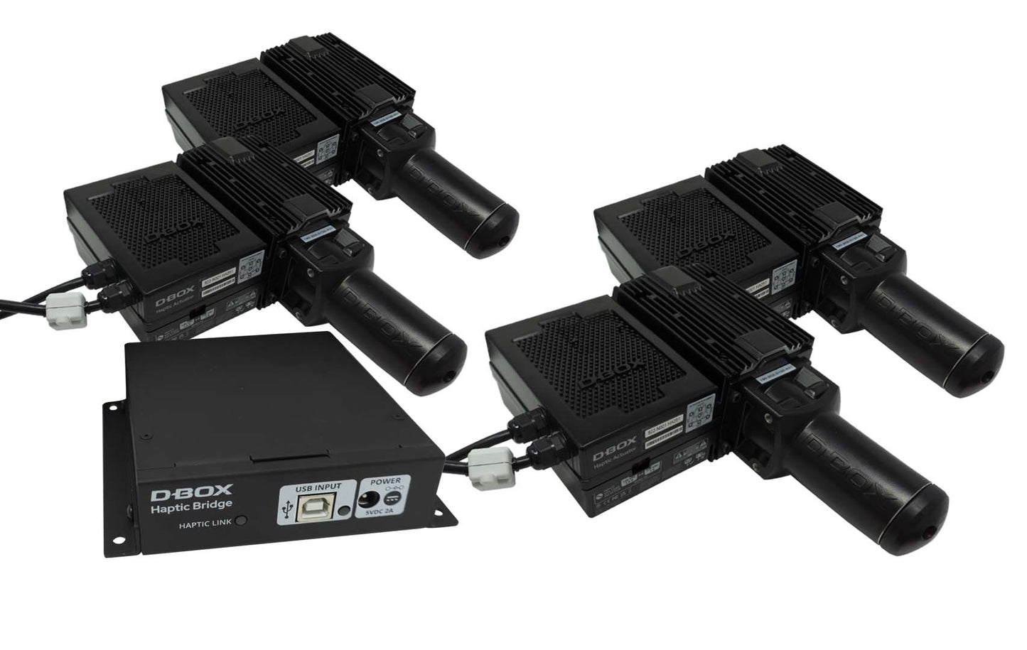 A set of D-Box Generation 5 haptic systems with four actuators each, along with a central processing unit, cables, and mounting brackets.