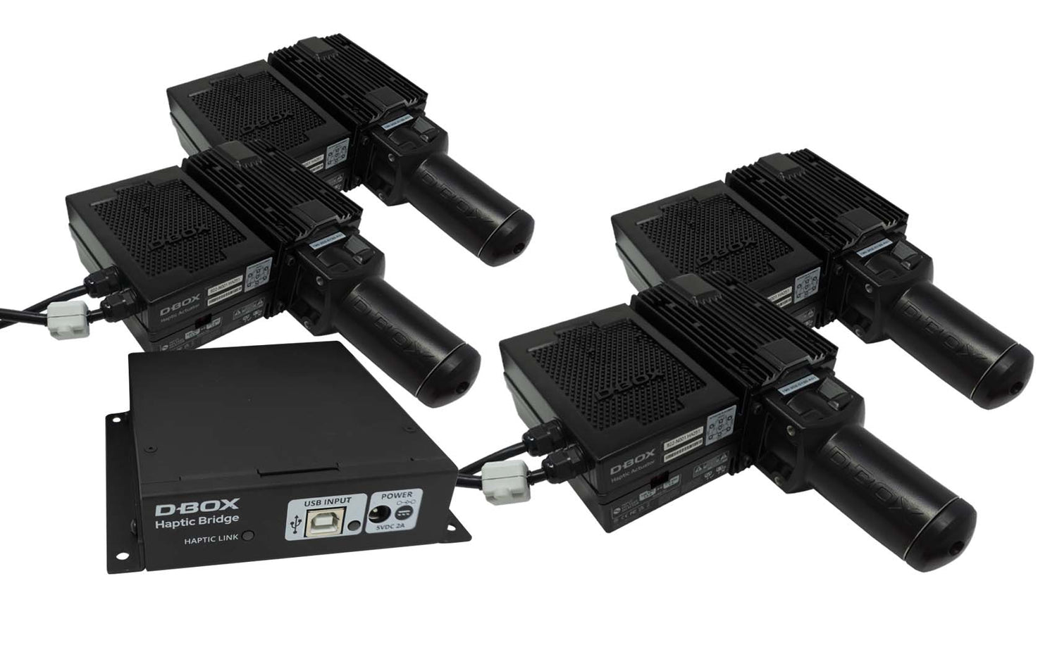 A set of D-Box Generation 5 haptic systems with four actuators each, along with a central processing unit, cables, and mounting brackets.
