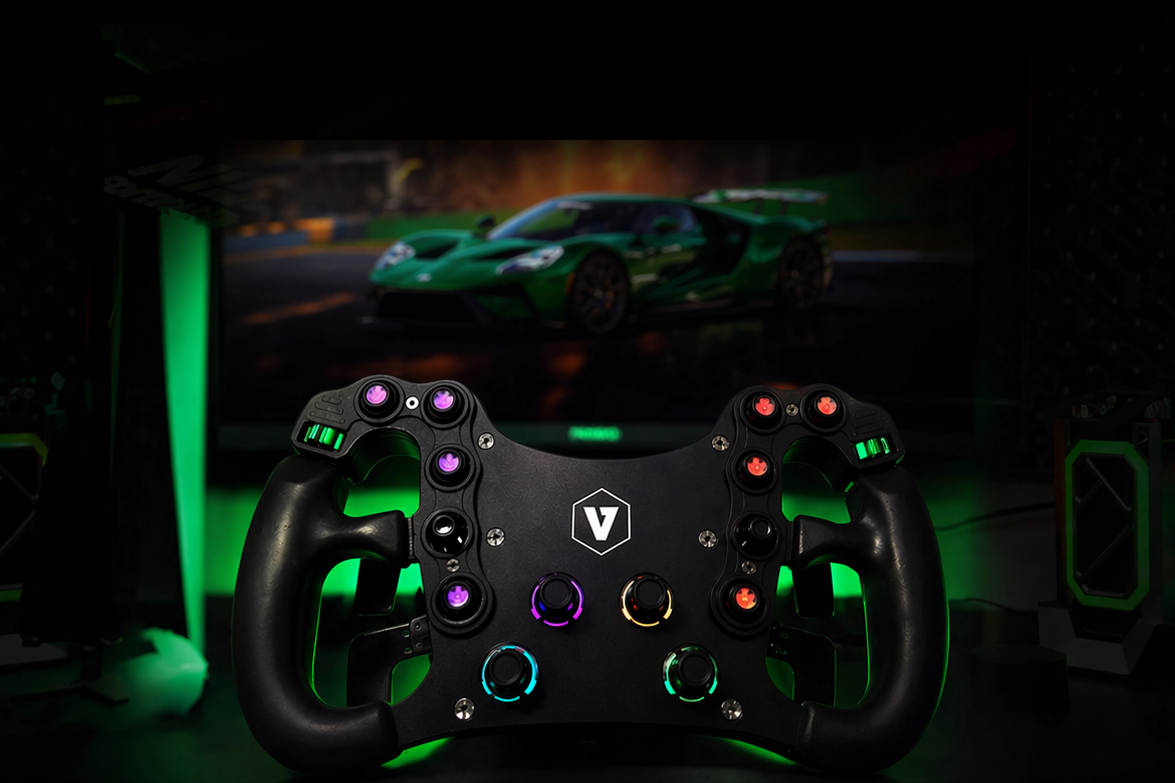 Gaming controller with illuminated buttons in a dark room with a car on screen