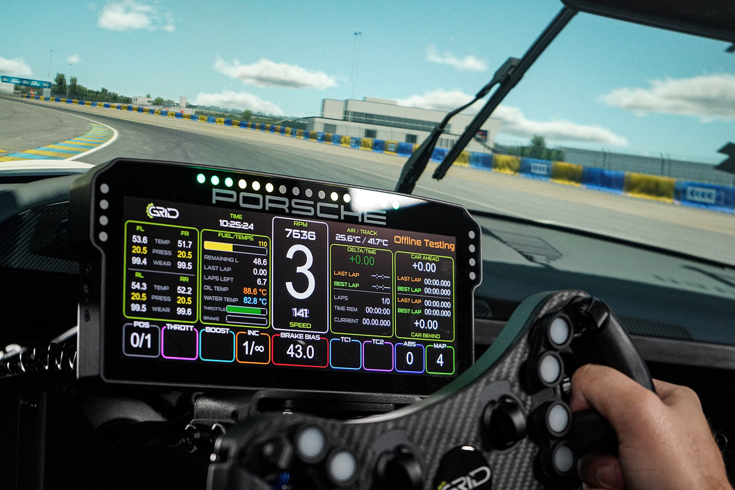 GRID Porsche 911 GT3 Cup Dashboard Display Unit installed in a sim racing cockpit