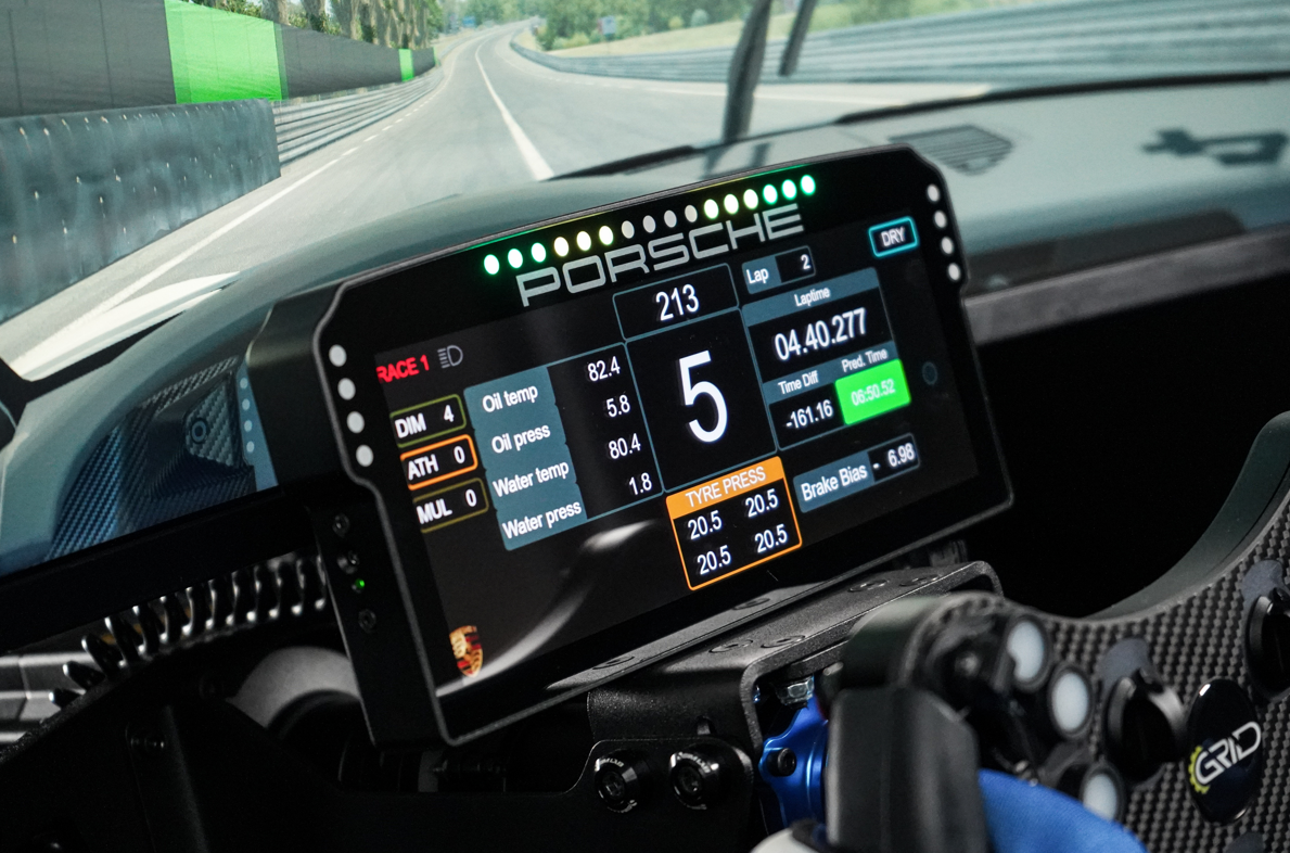 GRID Porsche 911 GT3 Cup Dashboard Display Unit in a Porsche-inspired racing setup