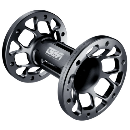 Two black metal fly fishing reels on a white background