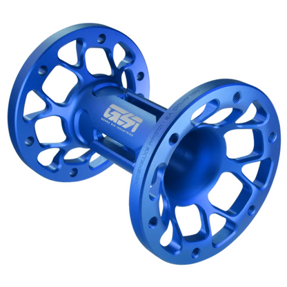 Blue metal fly fishing reel on a white background