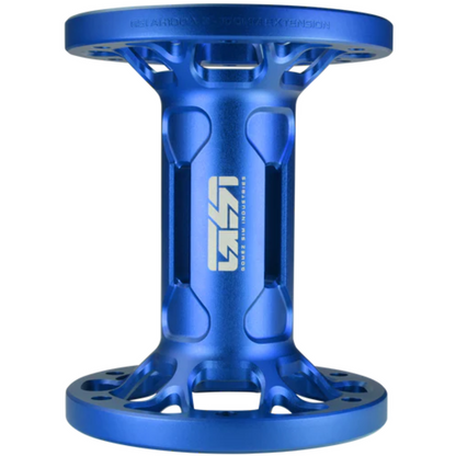 Blue metal component with branding on a white background