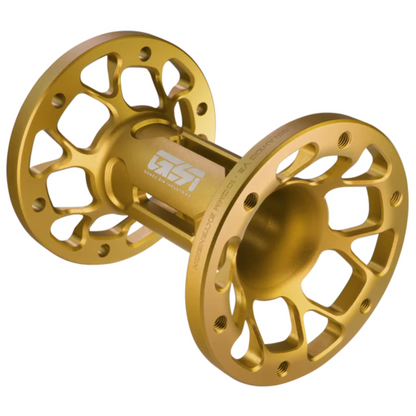 Gold metal wheels with a brand logo on a white background