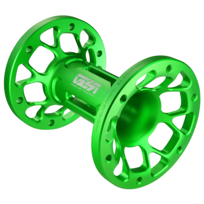 Two green metal fly fishing reels on a white background