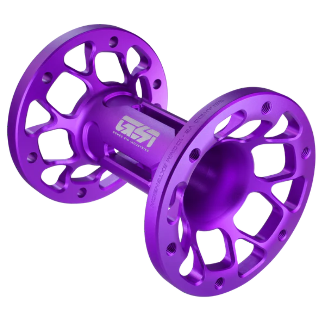 Purple metal wheels with a brand logo on a white background