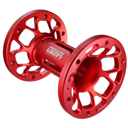 Red metal hub with a visible brand logo on a white background