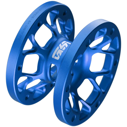 Two blue metal sprockets on a white background