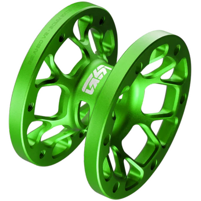 Two green metal sprockets on a white background