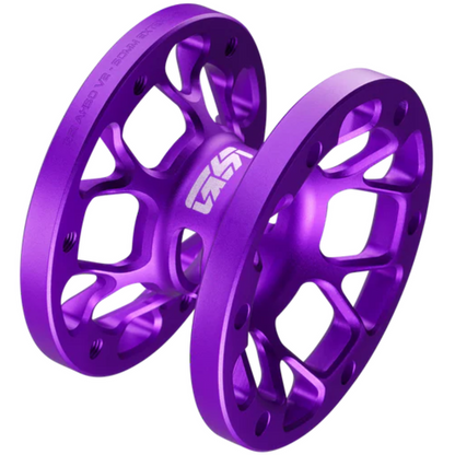 Two purple metal sprockets on a white background