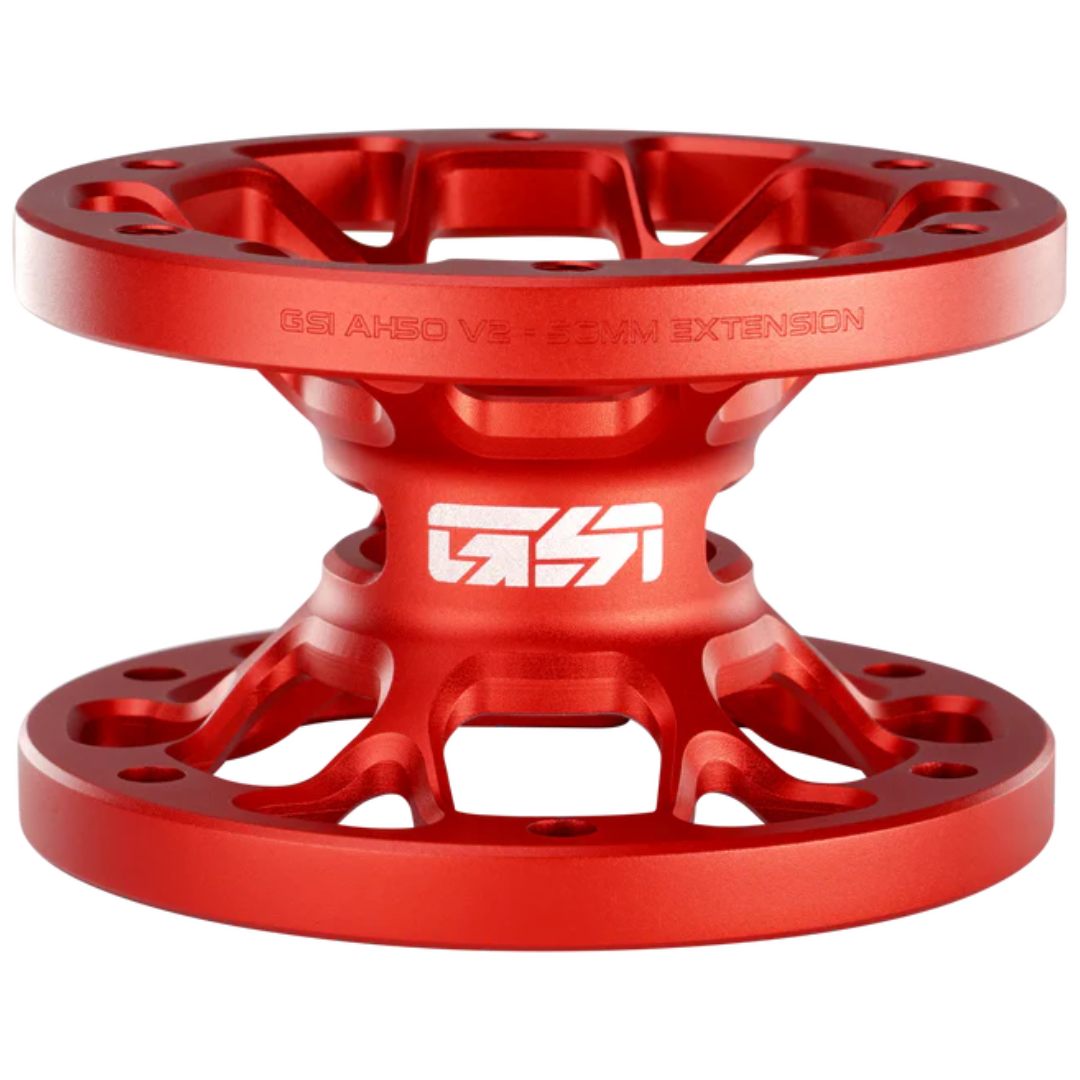 Red metal component with a brand logo on a white background