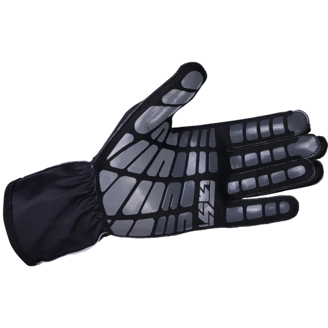 Black and gray glove with brand logo on a white background