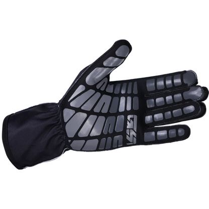Black and gray glove with brand logo on a white background