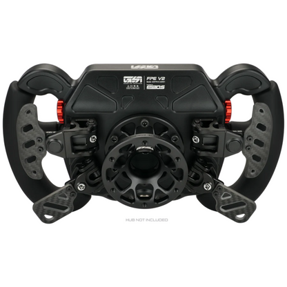 Black steering wheel with red accents on a white background
