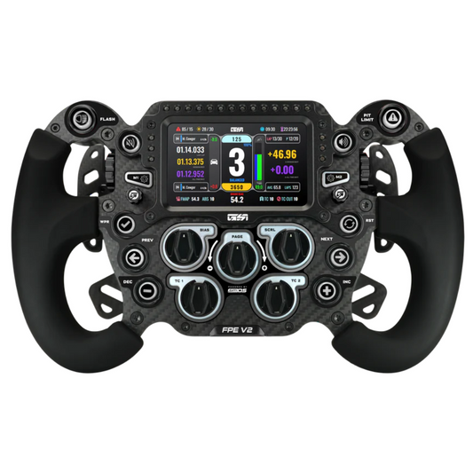 Racing steering wheel with digital display and control buttons on a white background
