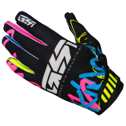 Colorful gloves with a brand logo on a white background