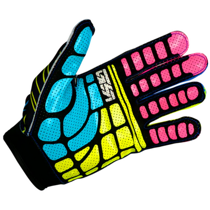 Colorful glove with black, blue, yellow, and pink design on a white background
