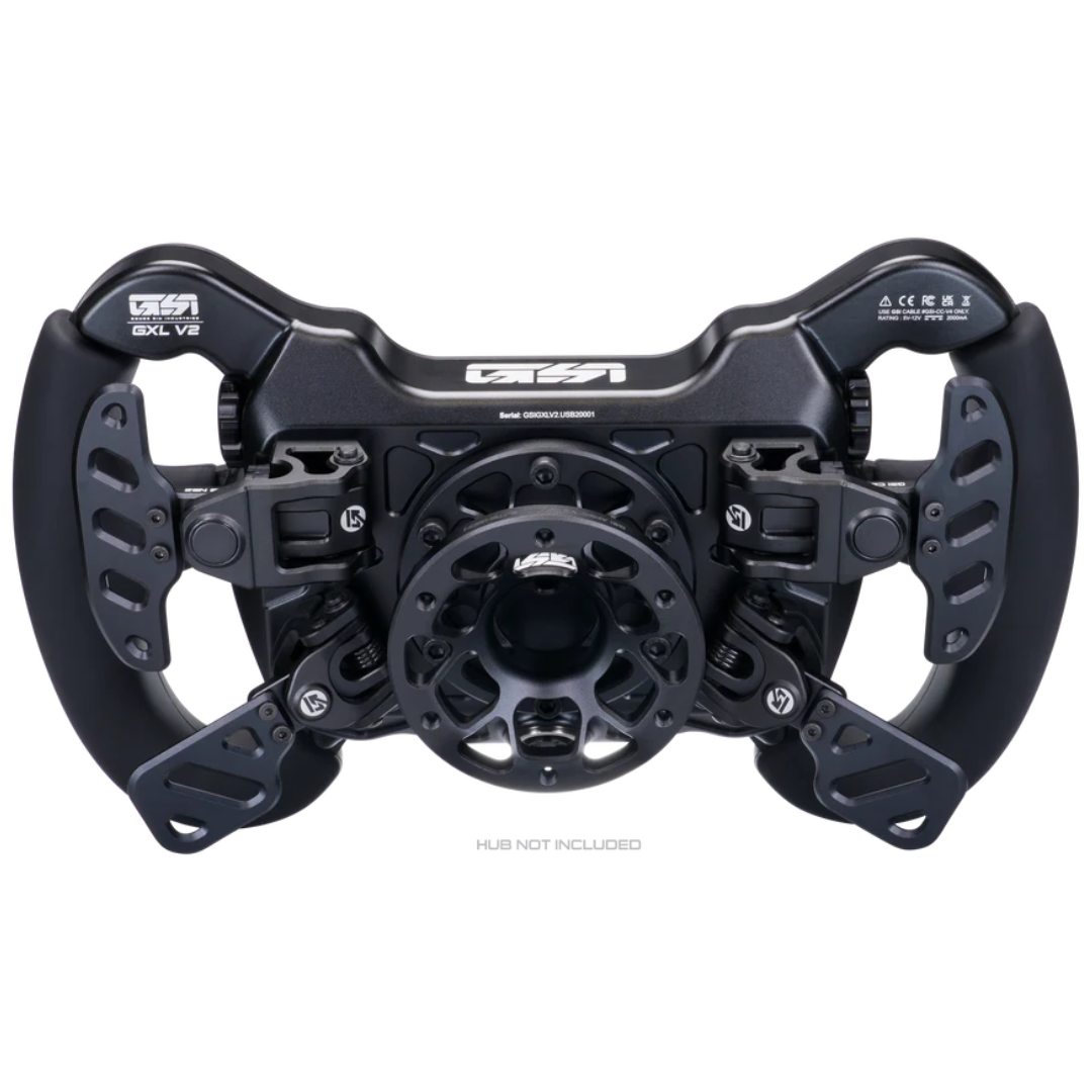 Black steering wheel mechanism on a white background