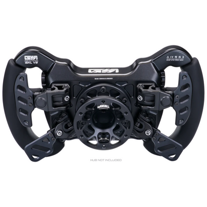 Black steering wheel mechanism on a white background