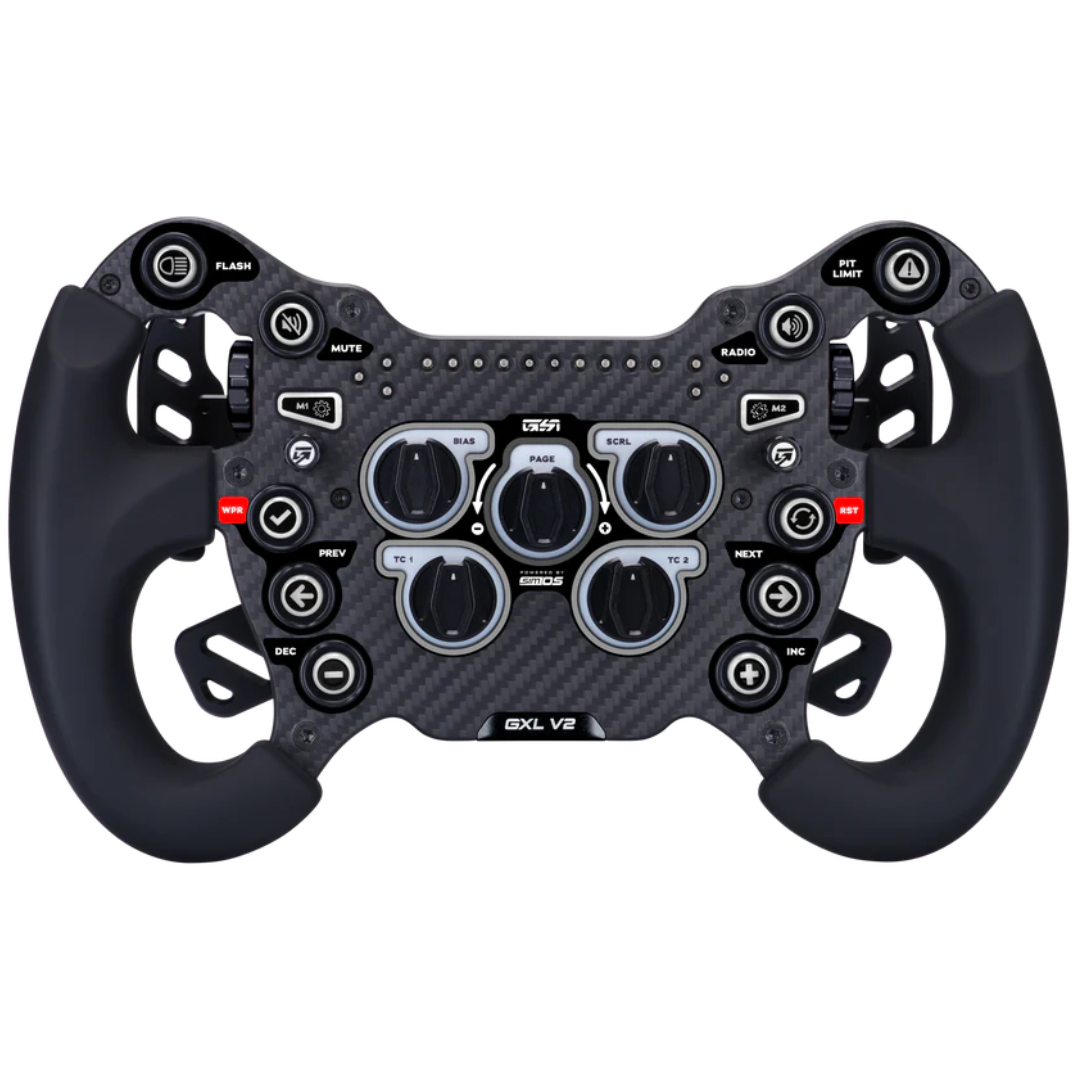 Black racing steering wheel with various buttons and controls on a white background