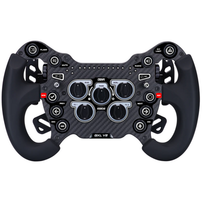 Black racing steering wheel with various buttons and controls on a white background
