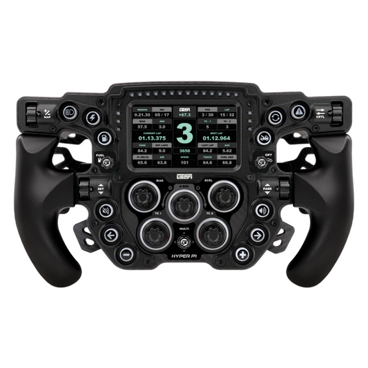 Black racing simulator steering wheel with digital display on a white background