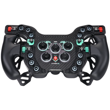 Black racing simulator steering wheel with various controls on a white background