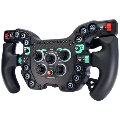 Black racing simulator steering wheel with various buttons and controls on a white background