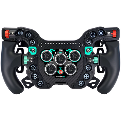 Black racing simulator steering wheel with multiple controls on a white background