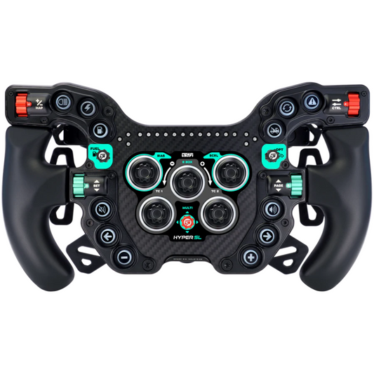 Black racing simulator steering wheel with multiple controls on a white background