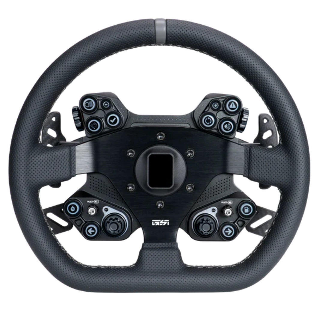 Black steering wheel with multiple control buttons on a white background