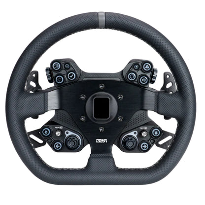 Black steering wheel with multiple control buttons on a white background
