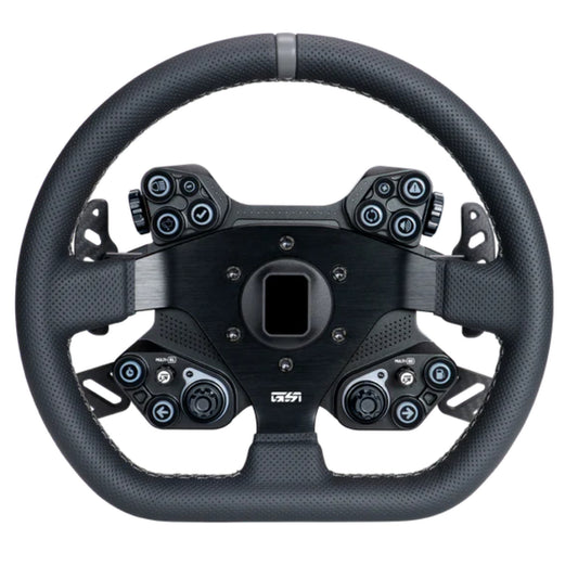 Black steering wheel with multiple control buttons on a white background