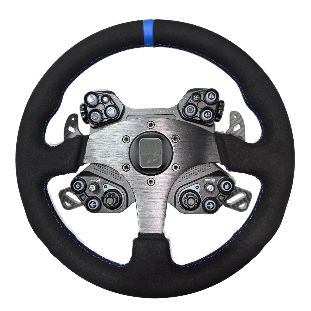 Black steering wheel with silver center and control buttons on a white background