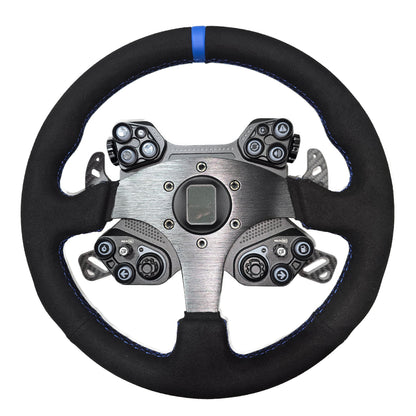 Black steering wheel with silver center and control buttons on a white background