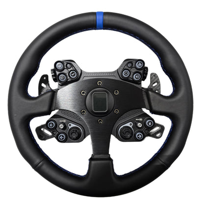 Black steering wheel with multiple control buttons on a white background