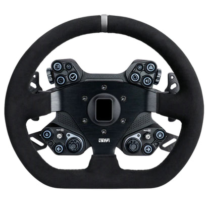 Black steering wheel with multiple buttons on a white background