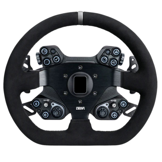 Black steering wheel with multiple buttons on a white background