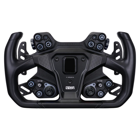 Black racing steering wheel with multiple controls on a white background