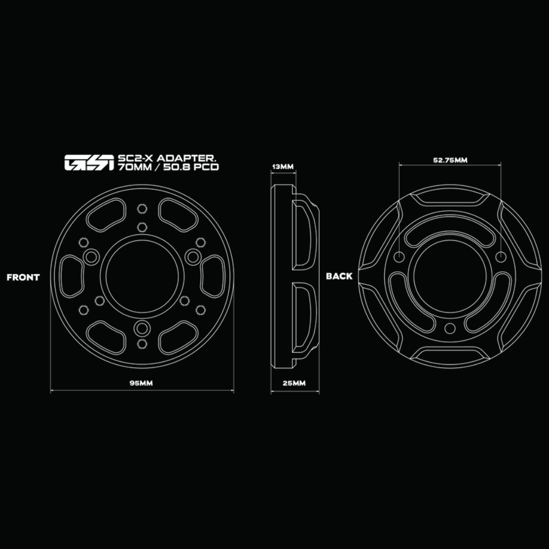 Technical diagram of a 3CR-X adapter with dimensions on a black background