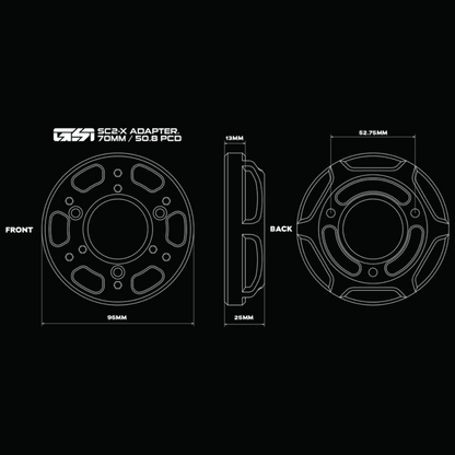 Technical diagram of a 3CR-X adapter with dimensions on a black background