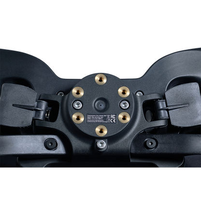 Close-up of a black snowshoe with gold screws on a white background