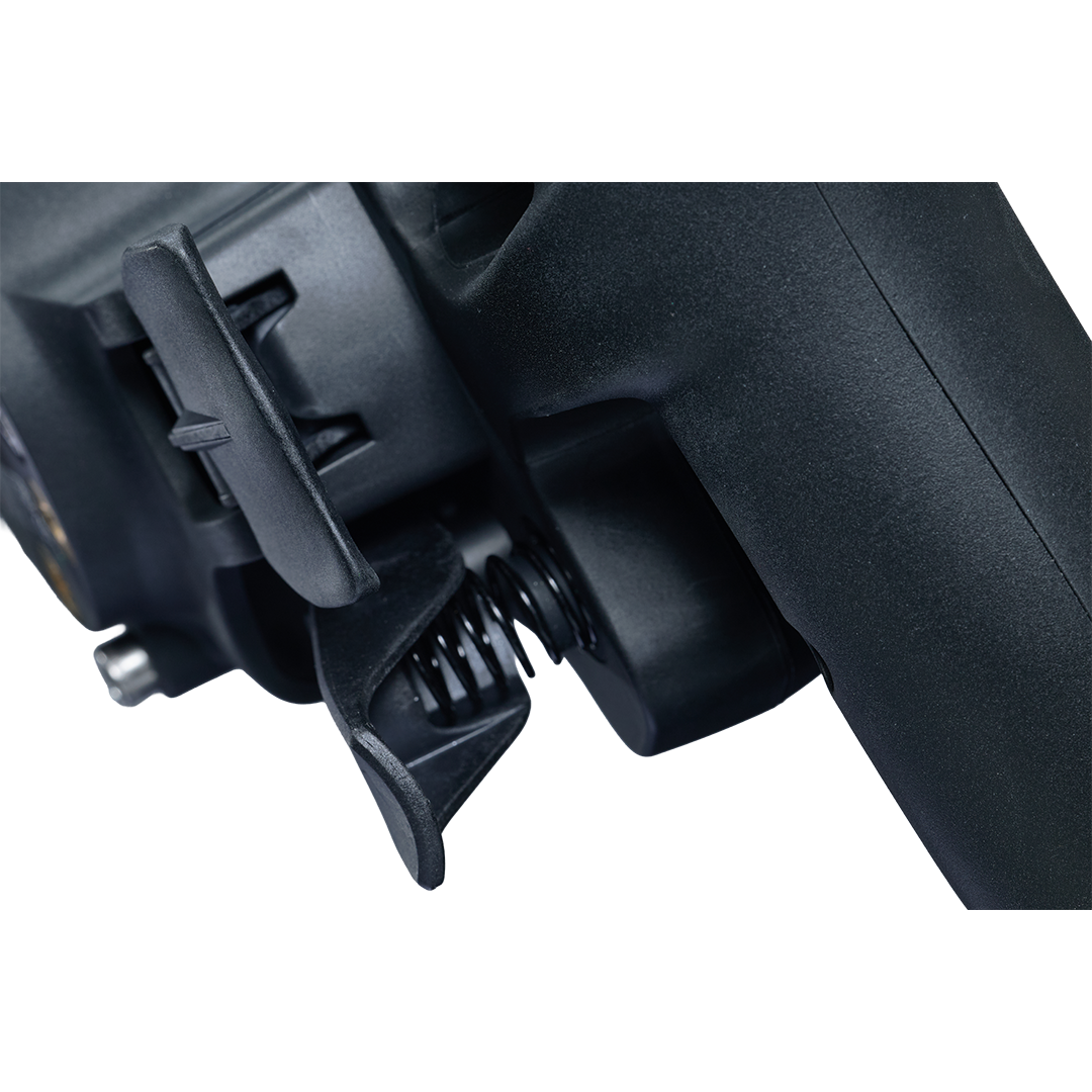 Close-up of a black scooter handlebar with control buttons on a white background