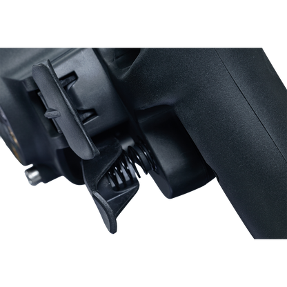 Close-up of a black scooter handlebar with control buttons on a white background