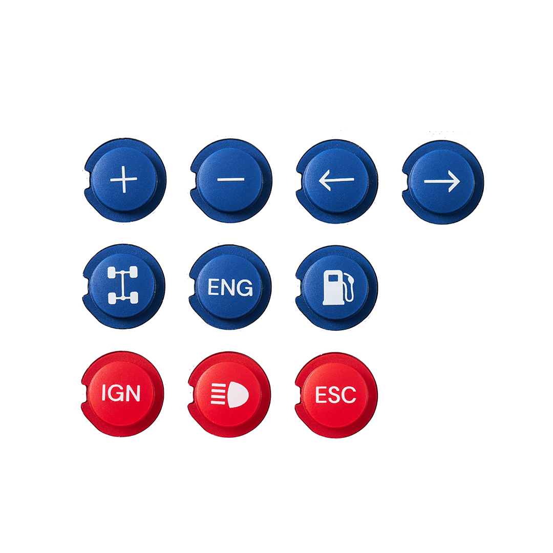 Set of blue and red buttons with various symbols on a white background
