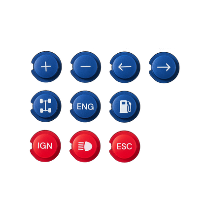 Set of blue and red buttons with various symbols on a white background