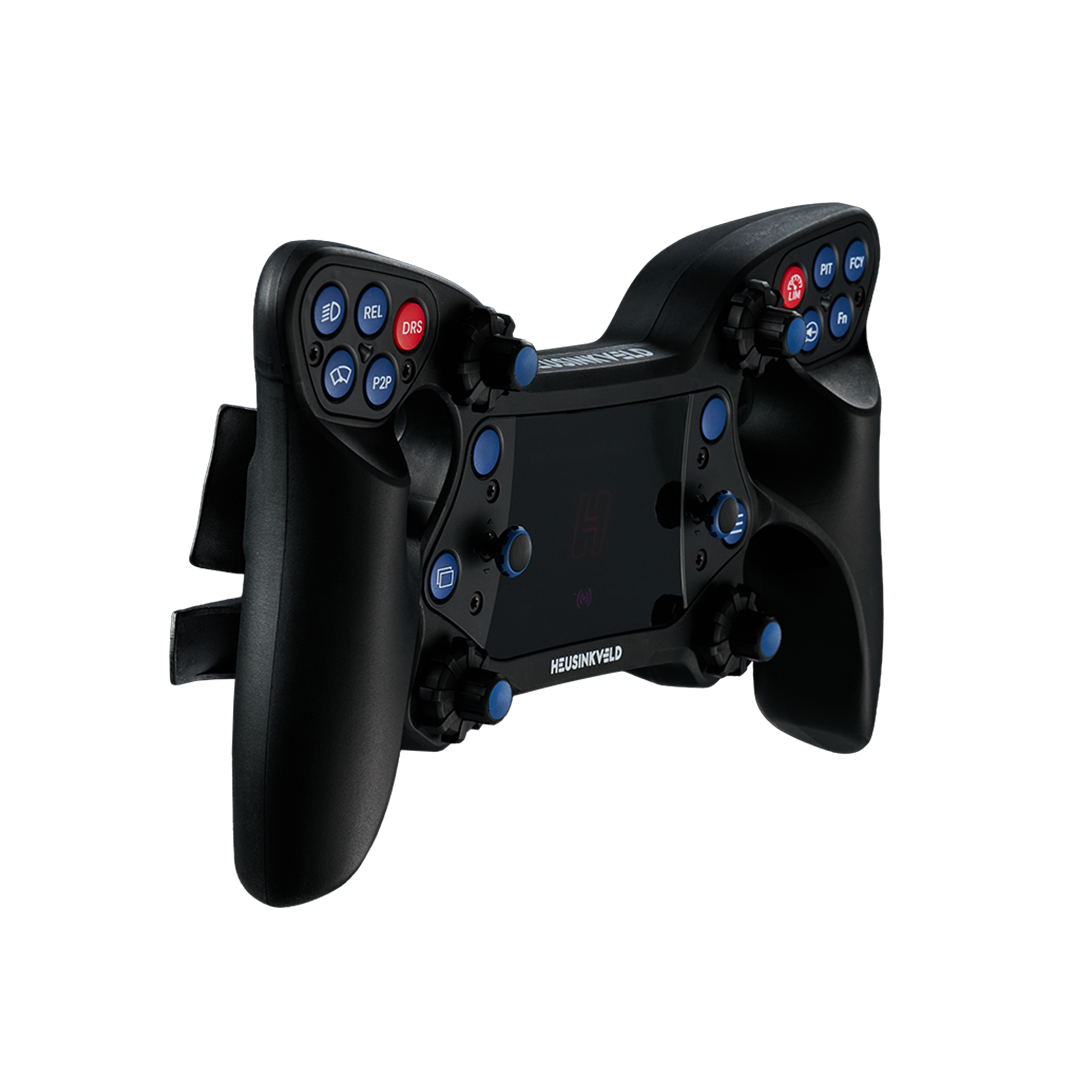 Black racing steering wheel with buttons on a white background