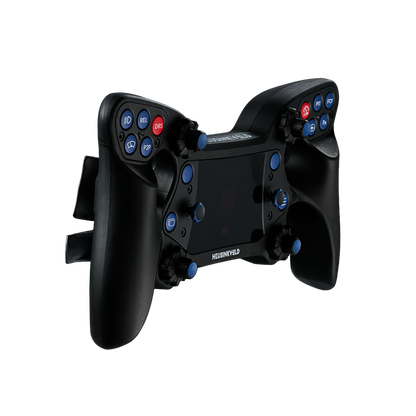 Black racing steering wheel with buttons on a white background